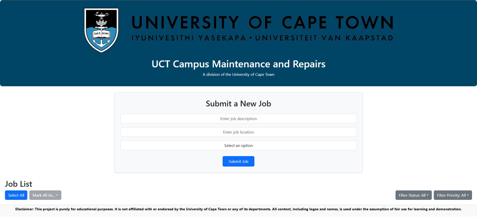 Screenshot of Maintenance Homepage